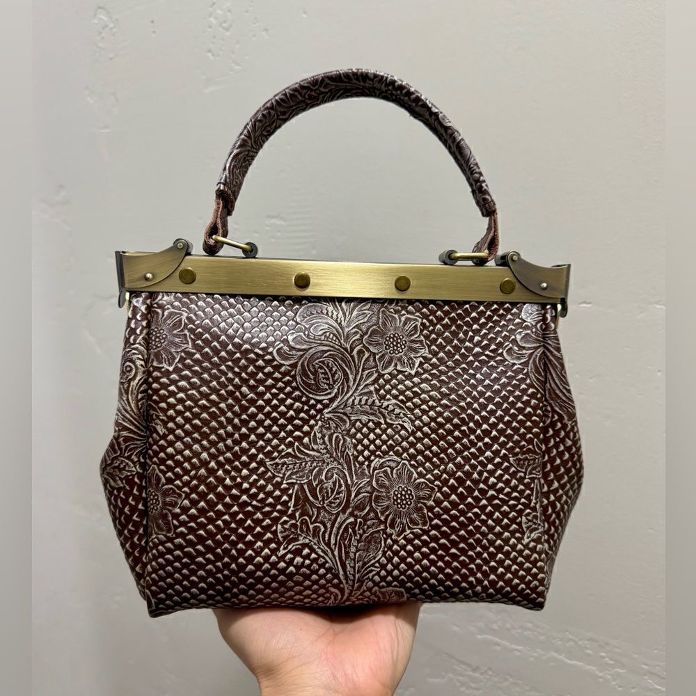 Unique, One of Kind! Handmade Embossed Cowhide Double Sides Push Lock Handbag